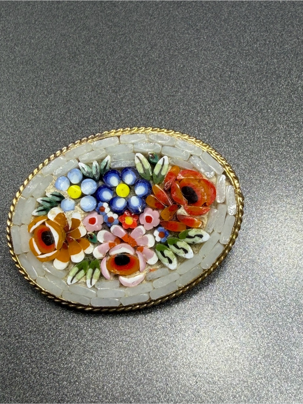 Vintage  Mosaic Oval Brooch - White #33mo
